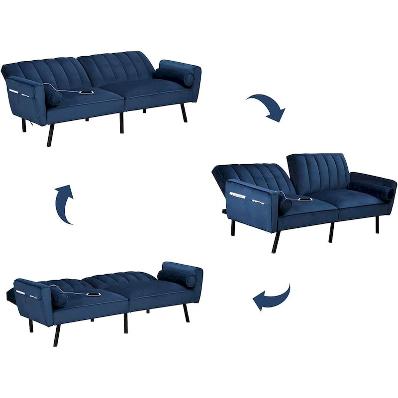 Schlafsofa Samt Schlafsofa Schlafsofa wandelbares Futonsofa mit USB, Schlafsofa für Wohnheim, Apartment, Bonusraum - 2-Personen