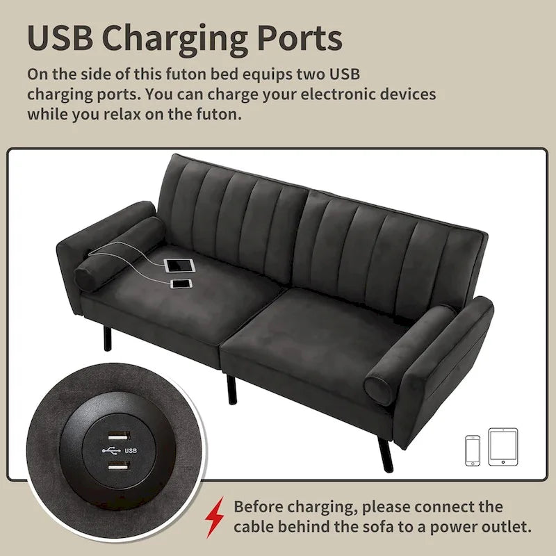 Schlafsofa Samt Schlafsofa Schlafsofa wandelbares Futonsofa mit USB, Schlafsofa für Wohnheim, Apartment, Bonusraum - 2-Personen