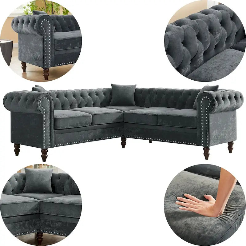 Chesterfield Ecksofa mit tiefer Knopfheftung, gerollten Armlehnen und L-Form