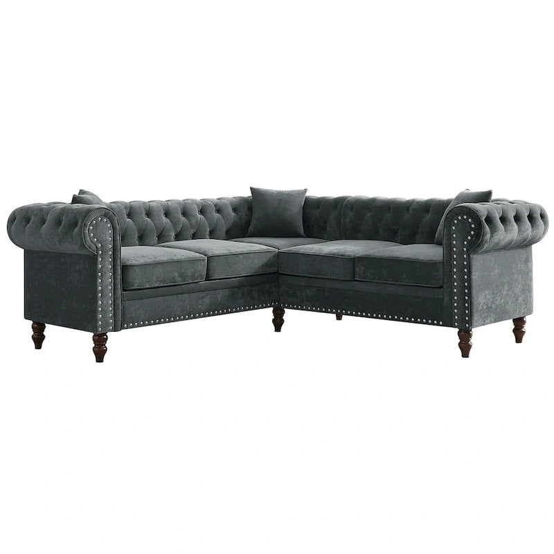 Chesterfield Ecksofa mit tiefer Knopfheftung, gerollten Armlehnen und L-Form