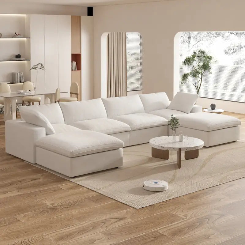 Großes modulares Sektionssofa, Daunenfüllung, U-förmig, 4-Sitzer mit 2 Hockern