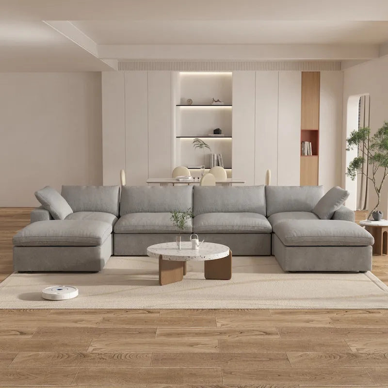 Großes modulares Sektionssofa, Daunenfüllung, U-förmig, 4-Sitzer mit 2 Hockern