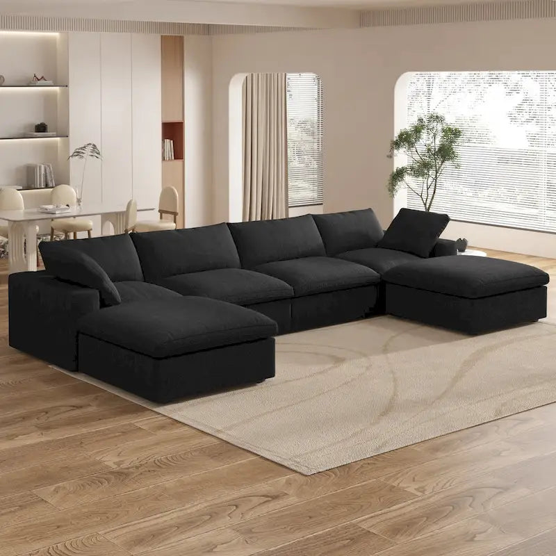 Großes modulares Sektionssofa, Daunenfüllung, U-förmig, 4-Sitzer mit 2 Hockern