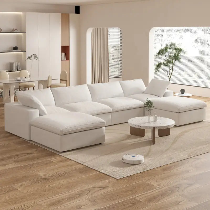 Großes modulares Sektionssofa, Daunenfüllung, U-förmig, 4-Sitzer mit 2 Hockern