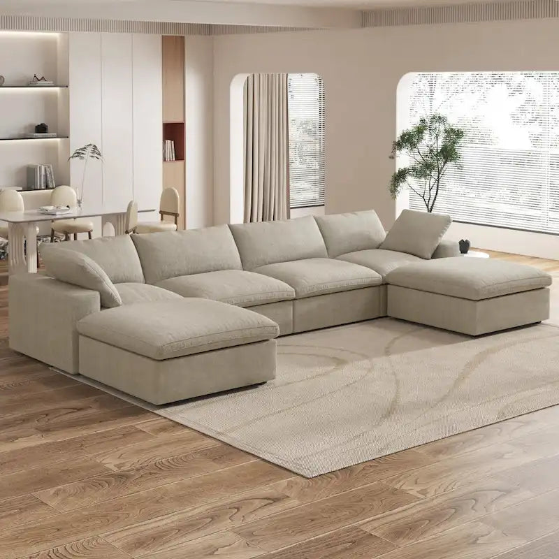 Großes modulares Sektionssofa, Daunenfüllung, U-förmig, 4-Sitzer mit 2 Hockern