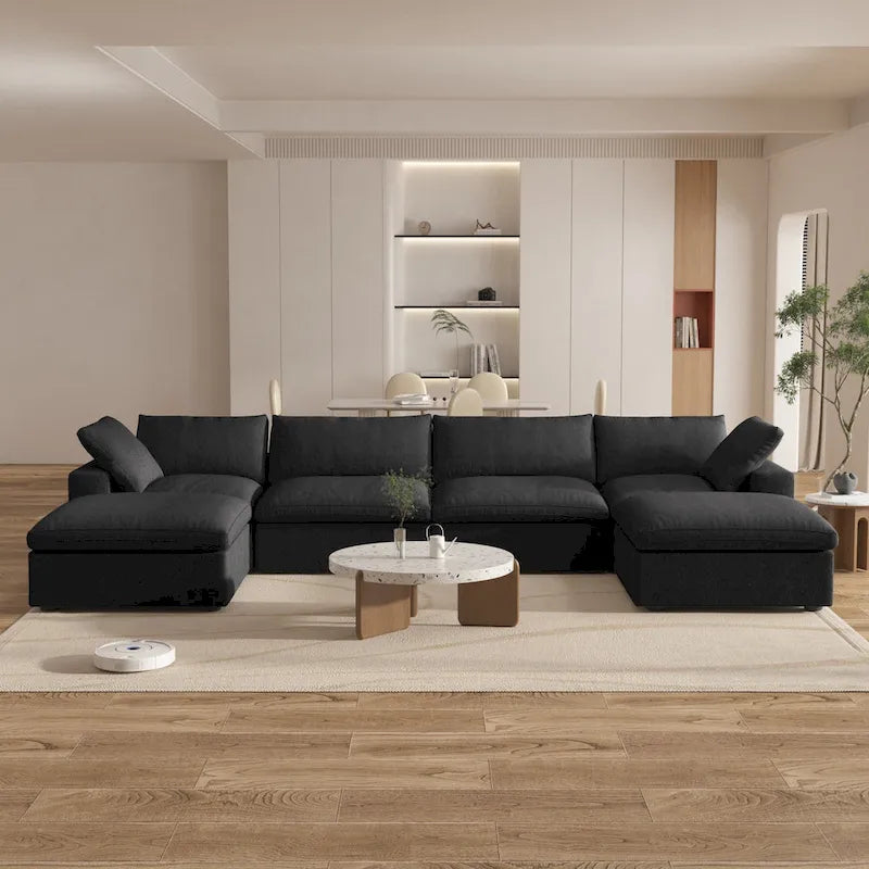 Großes modulares Sektionssofa, Daunenfüllung, U-förmig, 4-Sitzer mit 2 Hockern