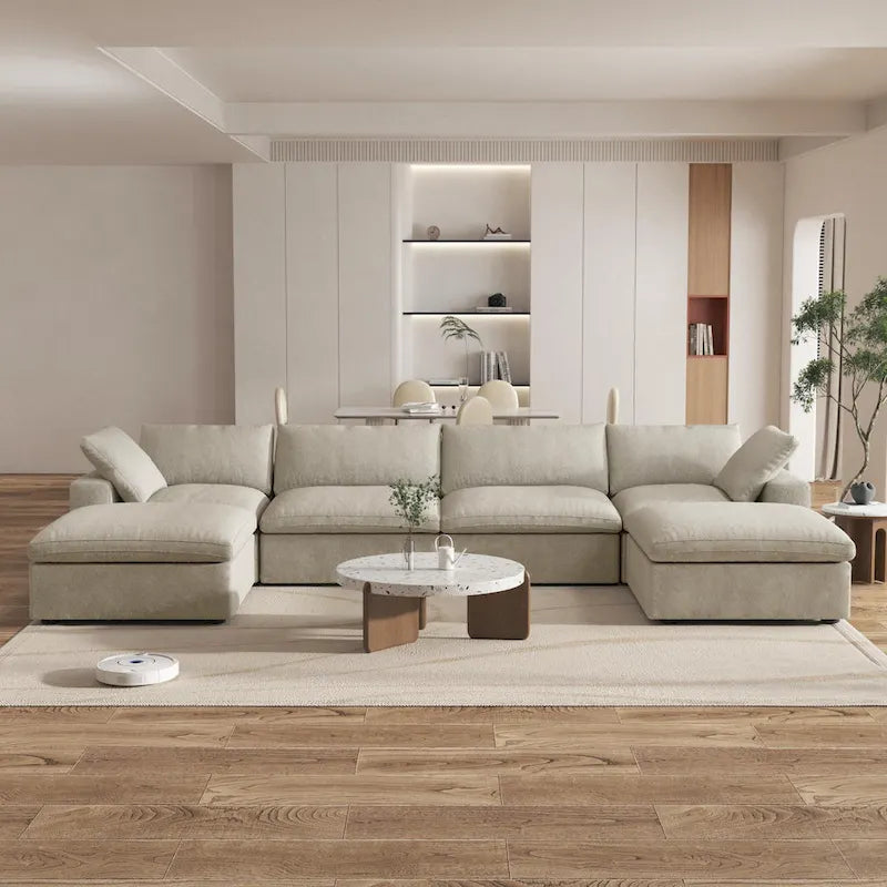 Großes modulares Sektionssofa, Daunenfüllung, U-förmig, 4-Sitzer mit 2 Hockern