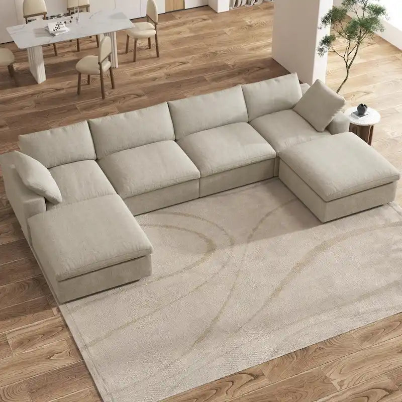 Großes modulares Sektionssofa, Daunenfüllung, U-förmig, 4-Sitzer mit 2 Hockern