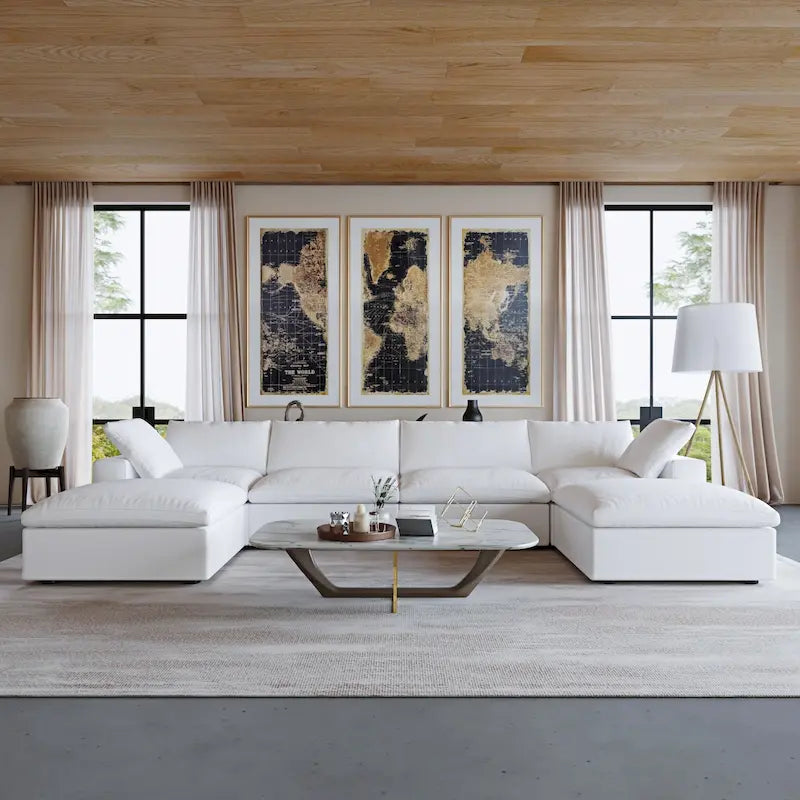U-förmiges Sektionalsofa aus Leinen mit Polsterung, mehreren Kissen, modulares Sofa