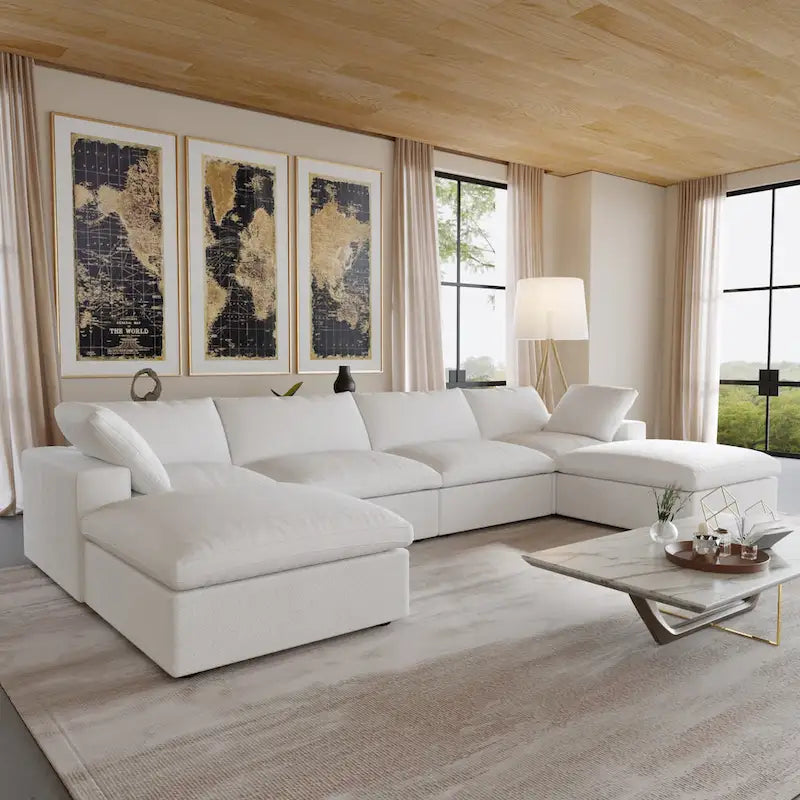 U-förmiges Sektionalsofa aus Leinen mit Polsterung, mehreren Kissen, modulares Sofa