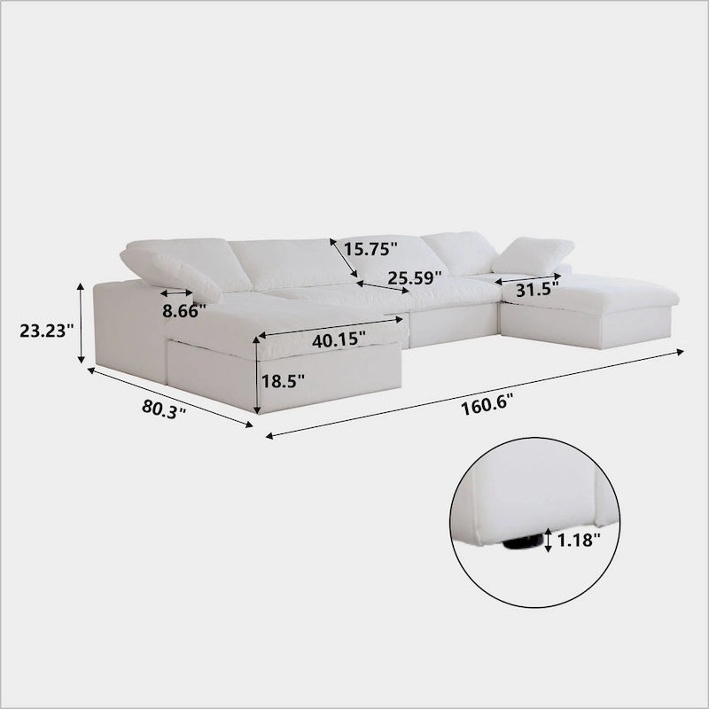 U-förmiges Sektionalsofa aus Leinen mit Polsterung, mehreren Kissen, modulares Sofa
