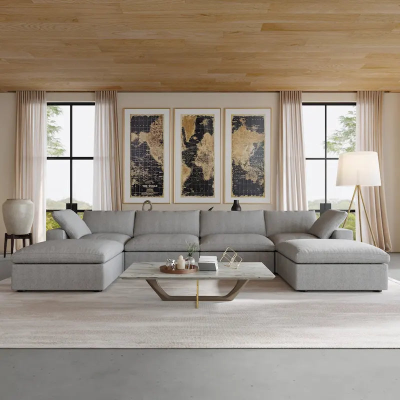 U-förmiges Sektionalsofa aus Leinen mit Polsterung, mehreren Kissen, modulares Sofa