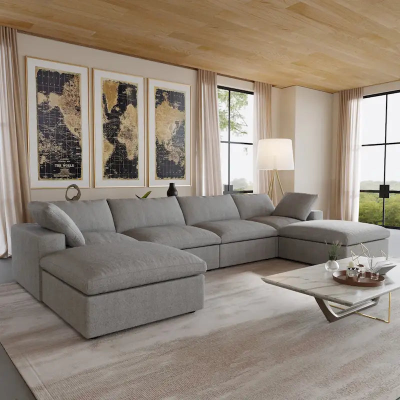 U-förmiges Sektionalsofa aus Leinen mit Polsterung, mehreren Kissen, modulares Sofa