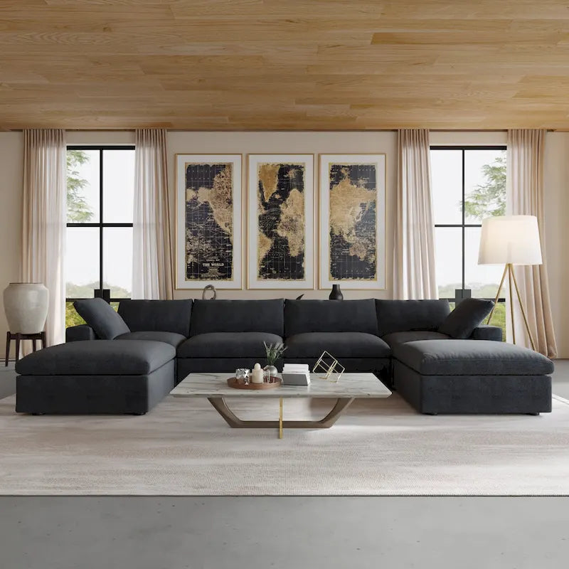U-förmiges Sektionalsofa aus Leinen mit Polsterung, mehreren Kissen, modulares Sofa