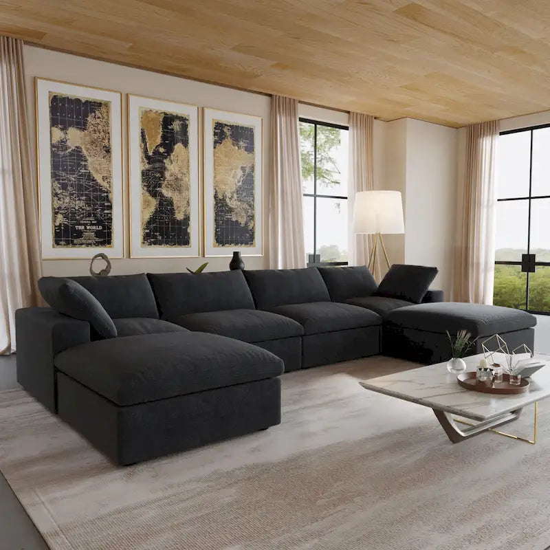 U-förmiges Sektionalsofa aus Leinen mit Polsterung, mehreren Kissen, modulares Sofa