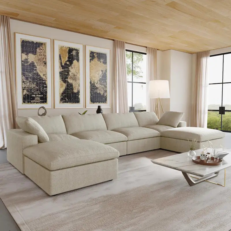 U-förmiges Sektionalsofa aus Leinen mit Polsterung, mehreren Kissen, modulares Sofa