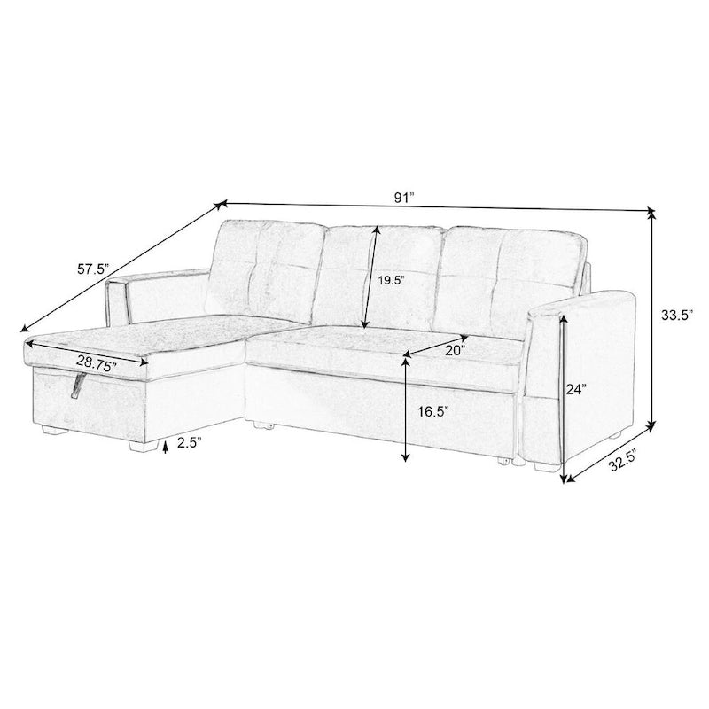 91 cm breites Samt-Ecksofa mit Schlaffunktion, umstellbar, mit Recamiere