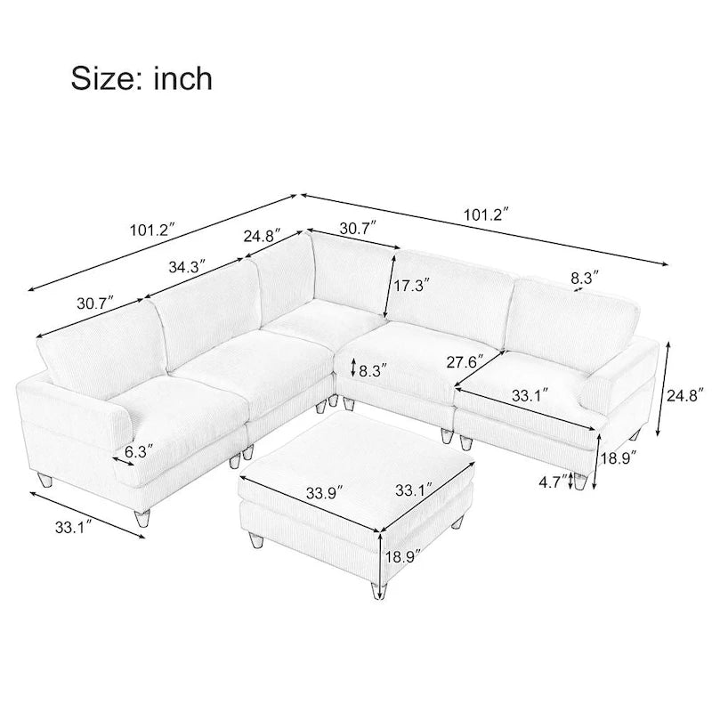 Modulares Sektionssofa mit Ottomane, L-förmiges Ecksofa für Wohnzimmer, Büro