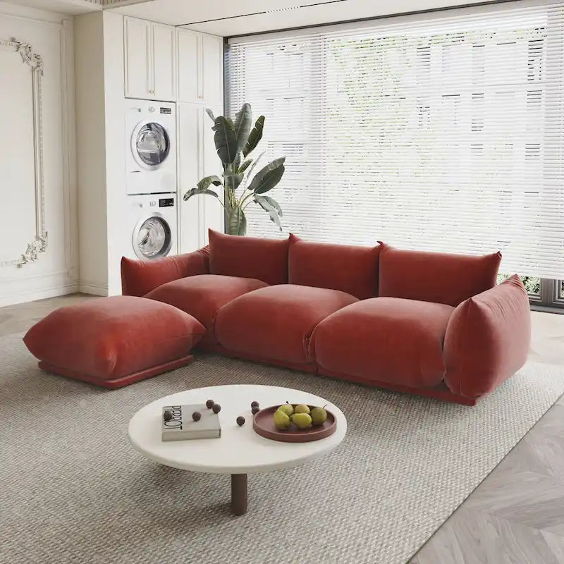 104 L-förmiges Chenille-Modulsofa, modernes, halbfestes Sofa mit Ottomane