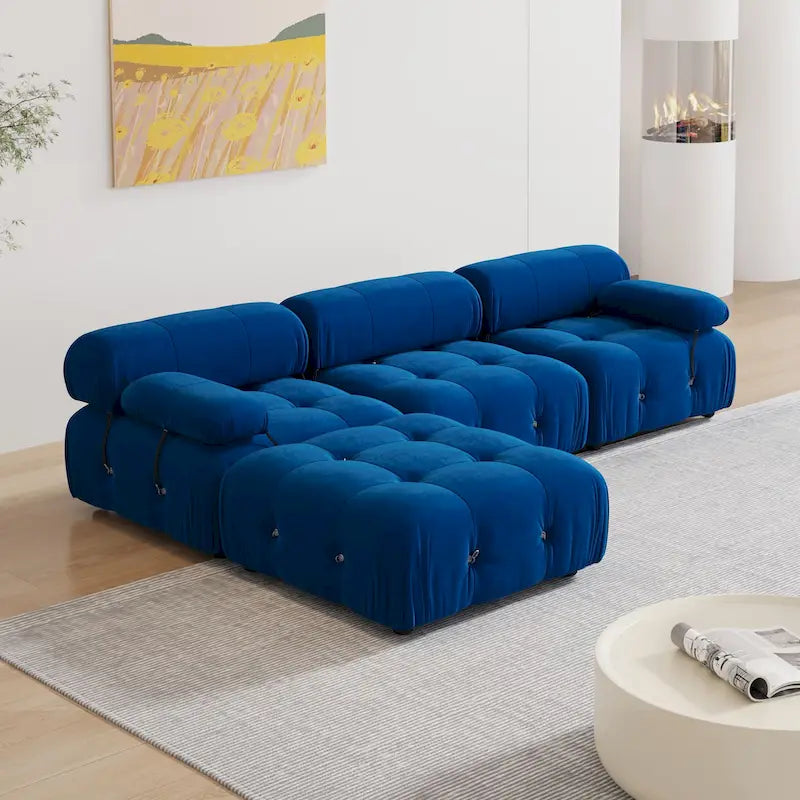 Blaues Samt-Sofa mit Ottomane