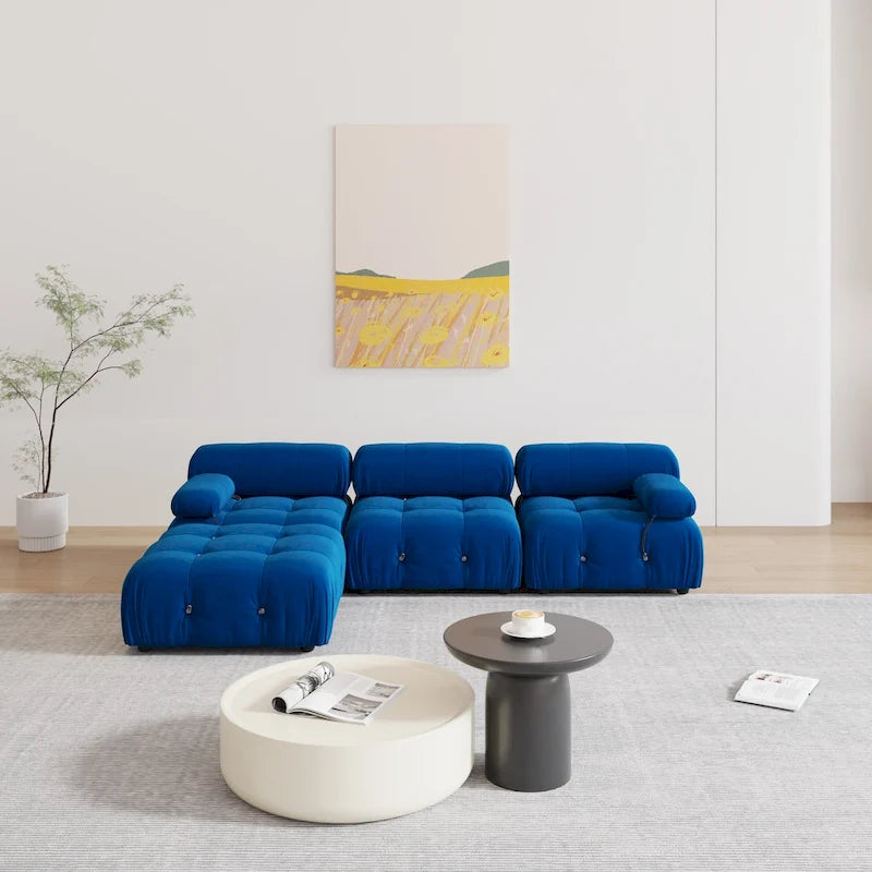 Blaues Samt-Sofa mit Ottomane