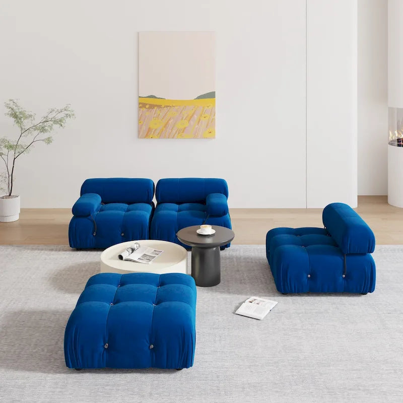 Blaues Samt-Sofa mit Ottomane
