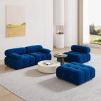 Blaues Samt-Sofa mit Ottomane
