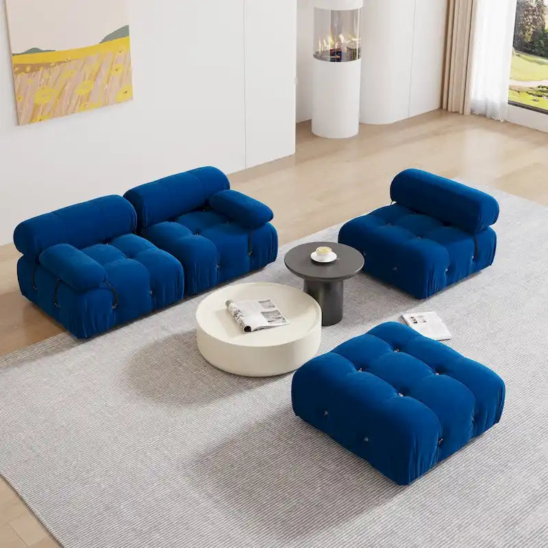 Blaues Samt-Sofa mit Ottomane