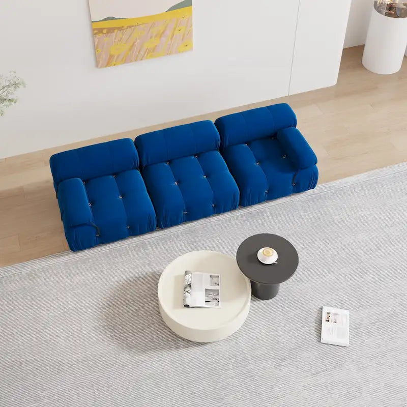 Blaues Samt-Sofa mit Ottomane