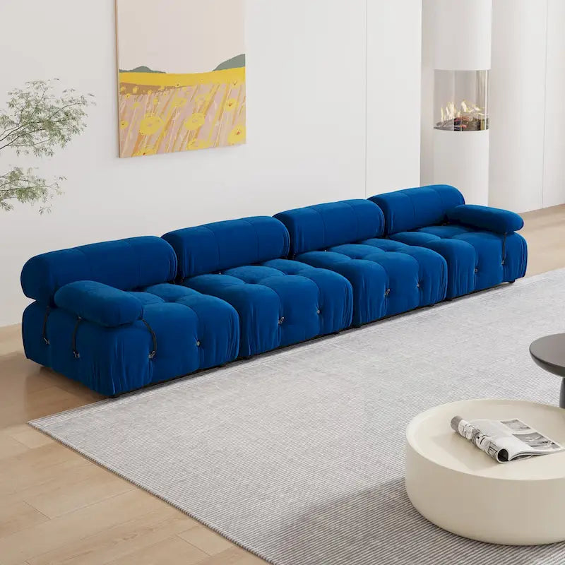Blaues Samt-Sofa mit Ottomane
