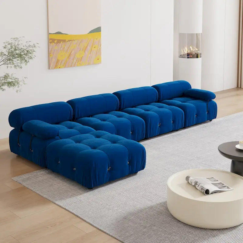 Blaues Samt-Sofa mit Ottomane