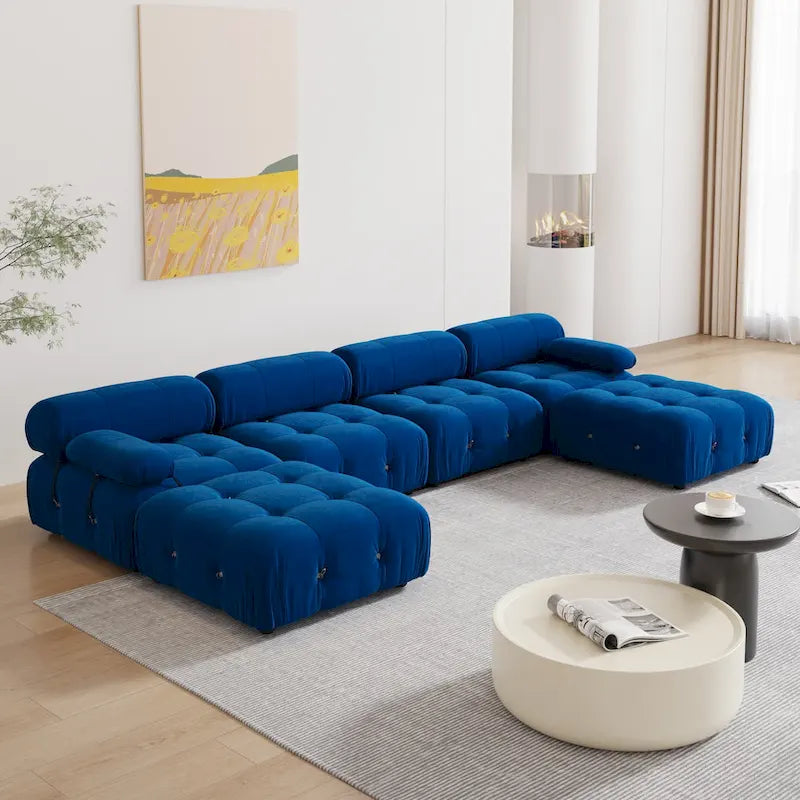 Blaues Samt-Sofa mit Ottomane