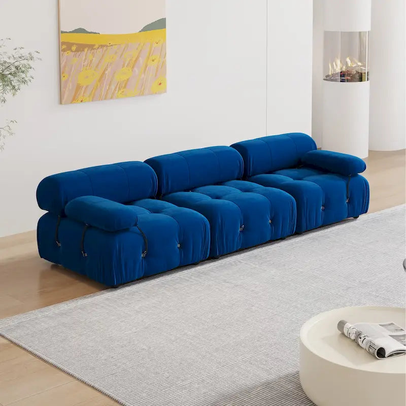 Blaues Samt-Sofa mit Ottomane