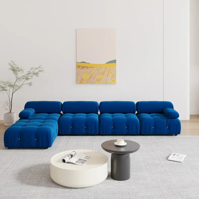 Blaues Samt-Sofa mit Ottomane