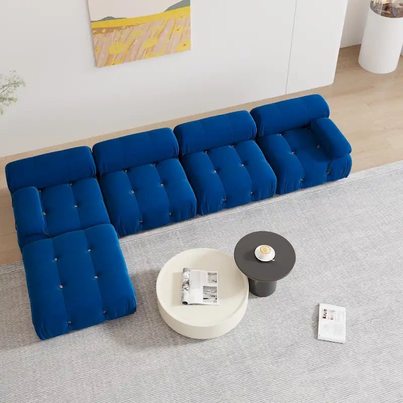 Blaues Samt-Sofa mit Ottomane