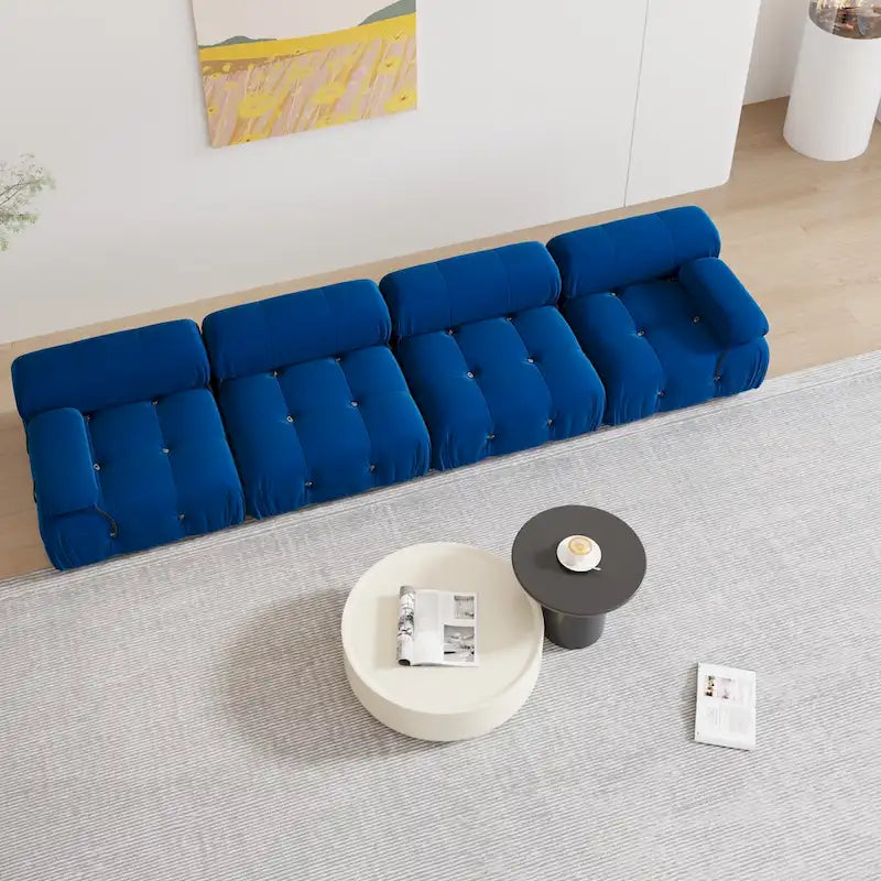 Blaues Samt-Sofa mit Ottomane