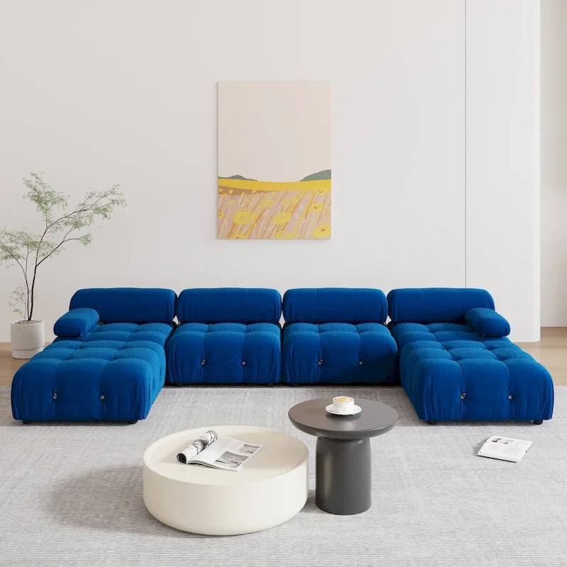Blaues Samt-Sofa mit Ottomane