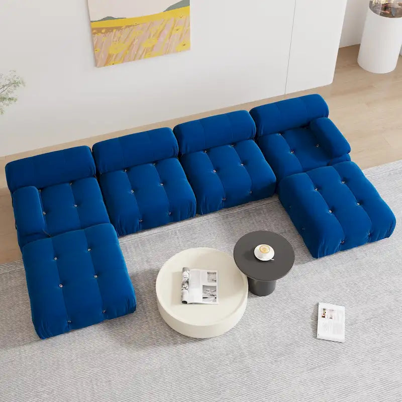 Blaues Samt-Sofa mit Ottomane