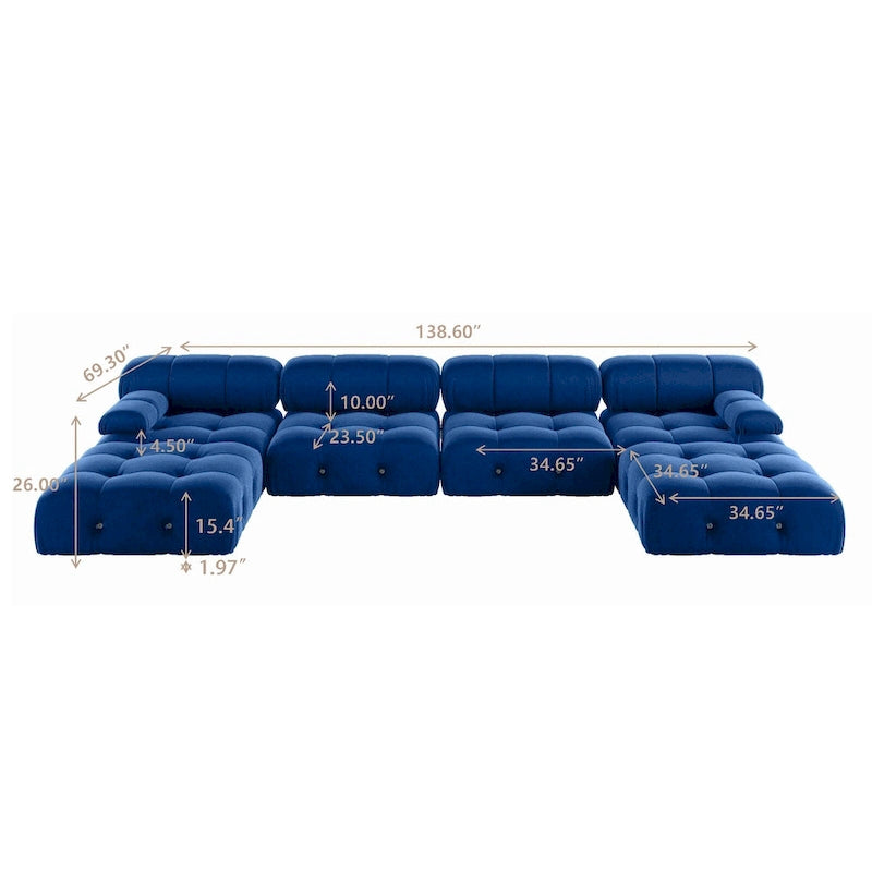 Blaues Samt-Sofa mit Ottomane