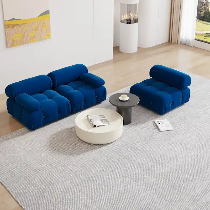 Blaues Samt-Sofa mit Ottomane