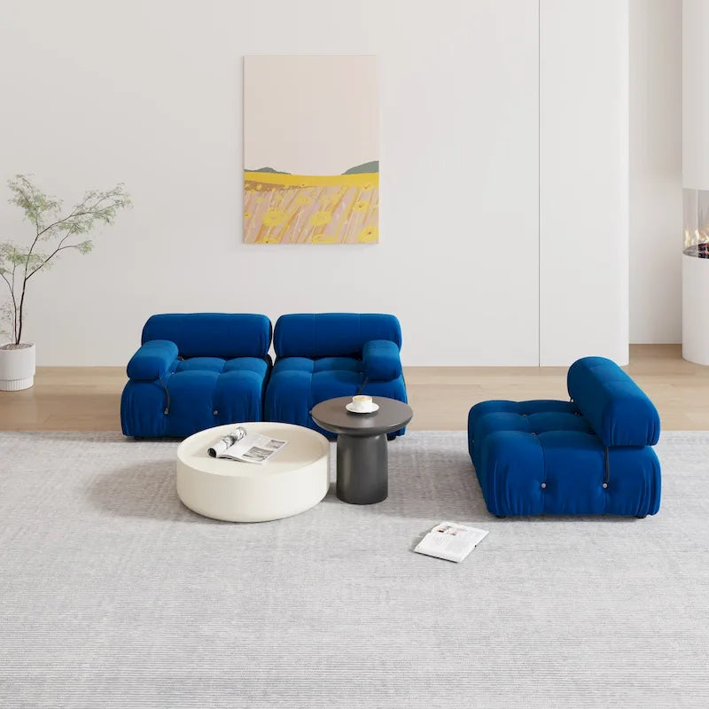 Blaues Samt-Sofa mit Ottomane