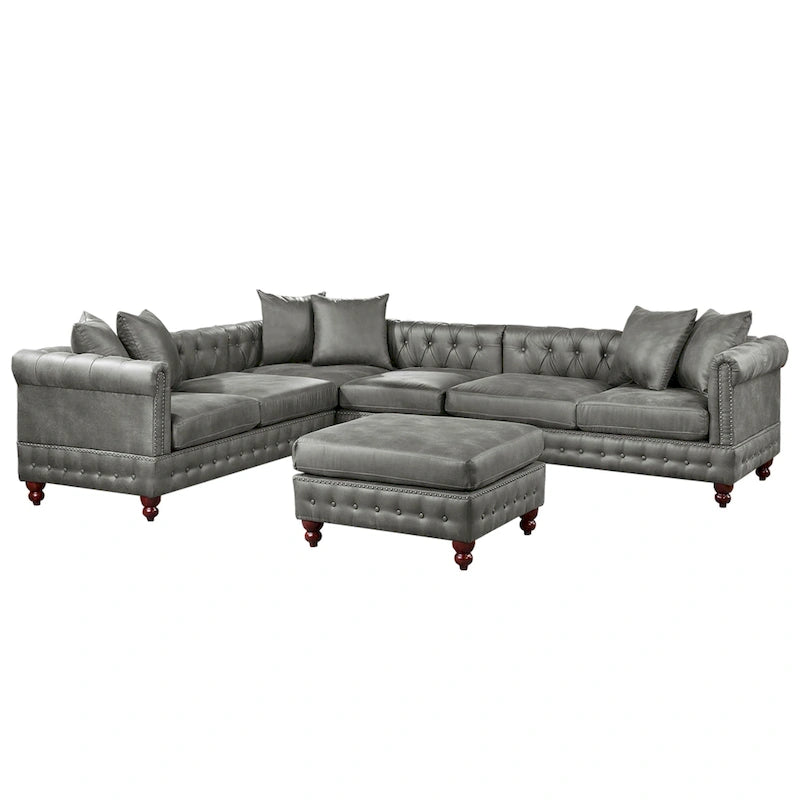 4-teiliges Polster-Ecksofa-Set aus Kunstleder mit Holzfüßen