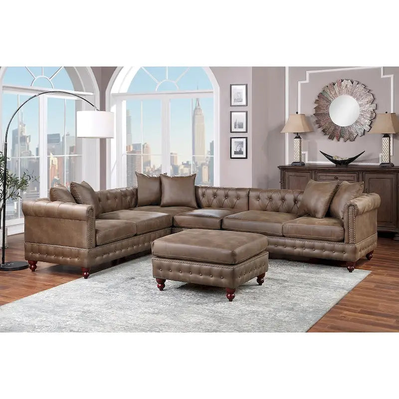 4-teiliges Polster-Ecksofa-Set aus Kunstleder mit Holzfüßen