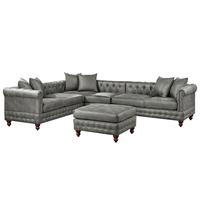 4-teiliges Polster-Ecksofa-Set aus Kunstleder mit Holzfüßen