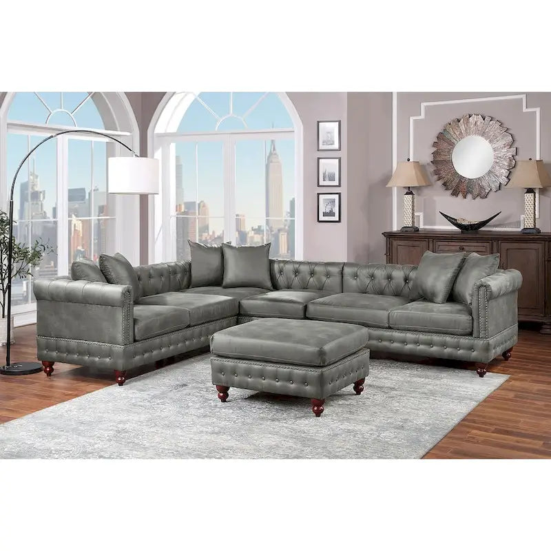 4-teiliges Polster-Ecksofa-Set aus Kunstleder mit Holzfüßen