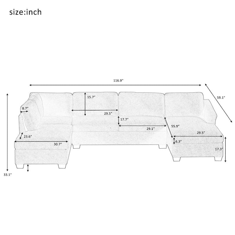 U-förmiges Sektionalsofa, extrabreites Doppel-Chaiselongue-Sofa