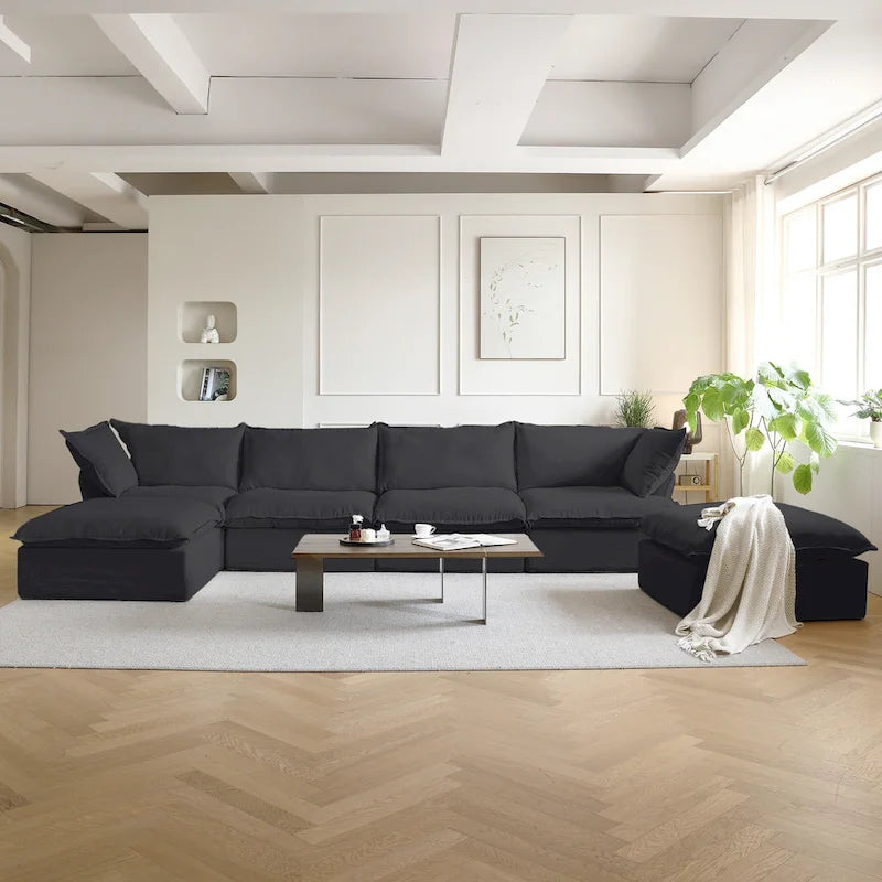 6-teiliges U-förmiges, modulares Sektionssofa aus Samt mit 2 Ottomanen
