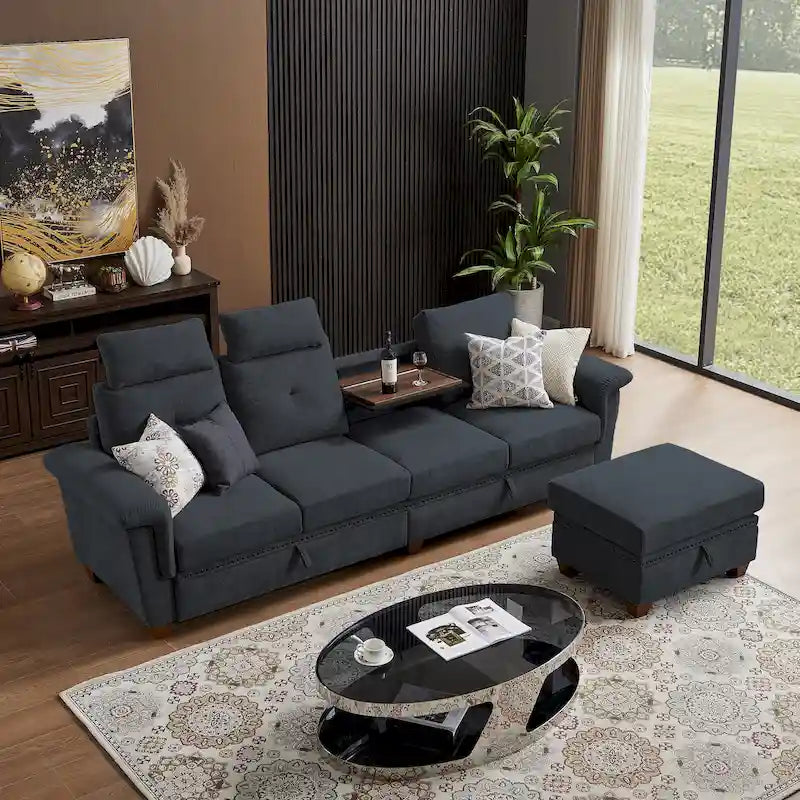 109 Moderne 4-Sitzer-Ecksofa aus Frottee mit verstecktem Couchtisch und großem Stauraum
