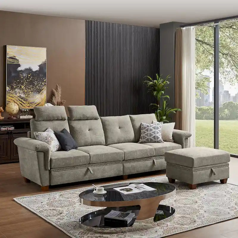109 Moderne 4-Sitzer-Ecksofa aus Frottee mit verstecktem Couchtisch und großem Stauraum