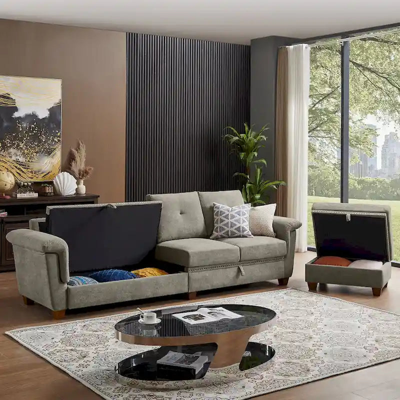 109 Moderne 4-Sitzer-Ecksofa aus Frottee mit verstecktem Couchtisch und großem Stauraum